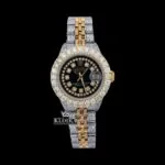 Roles Diamond Bezel Black Dial Two Tone Moissanite Watch with sparkling details