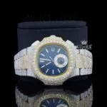 Diamond Bezel Blue Chronograph Dial Two Tone Moissanite Watch Close Up Front View