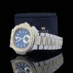 Diamond Bezel Blue Chronograph Dial Two Tone Moissanite Watch Laft Profile View