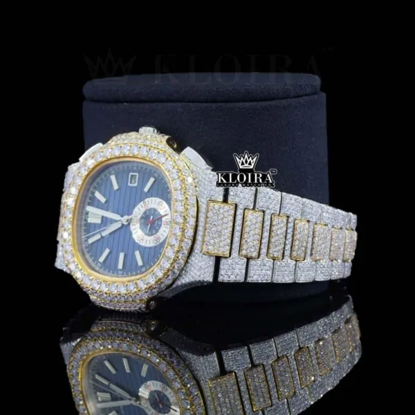 Diamond Bezel Blue Chronograph Dial Two Tone Moissanite Watch Laft Profile View