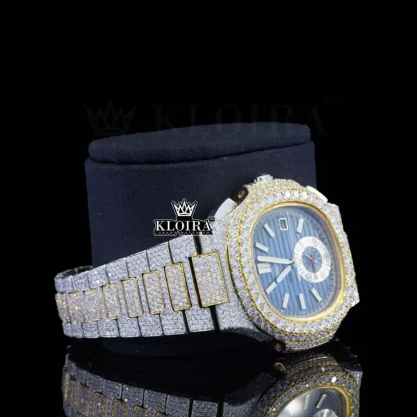 Diamond Bezel Blue Chronograph Dial Two Tone Moissanite Watch Right Profile View