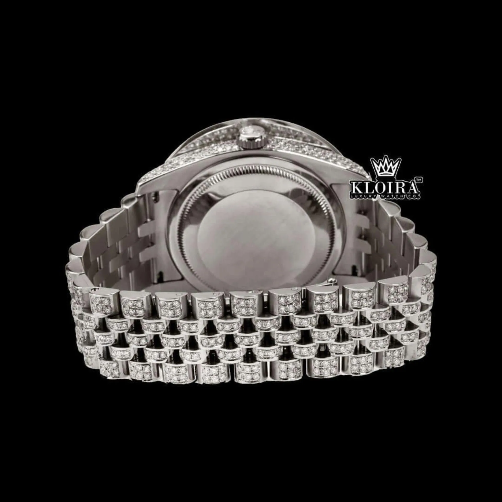 Diamond Bezel Brown Dial Roman Numerals Fully Iced Moissanite Watch Caseback View