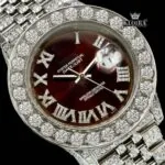 Diamond Bezel Brown Dial Roman Numerals Fully Iced Moissanite Watch Close Up Dial View