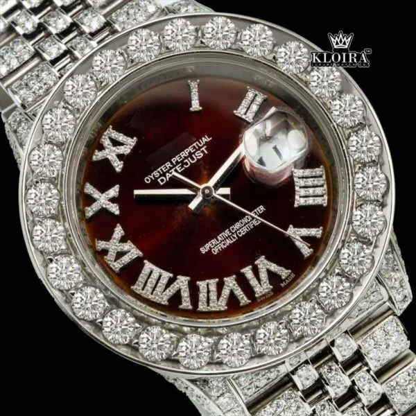 Diamond Bezel Brown Dial Roman Numerals Fully Iced Moissanite Watch Close Up Dial View