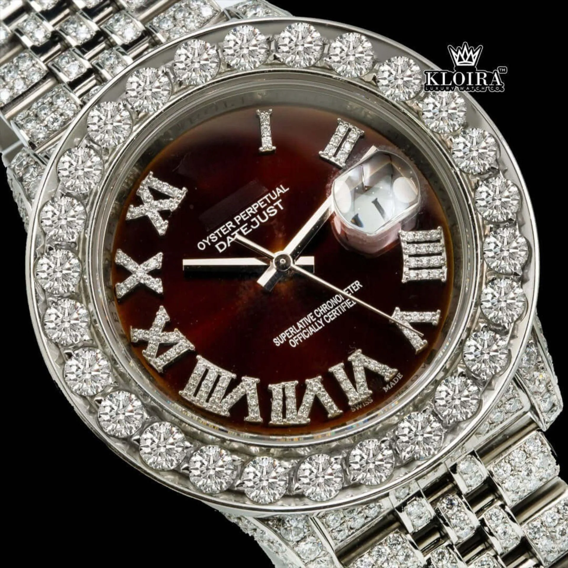 Diamond Bezel Brown Dial Roman Numerals Fully Iced Moissanite Watch Close Up Dial View