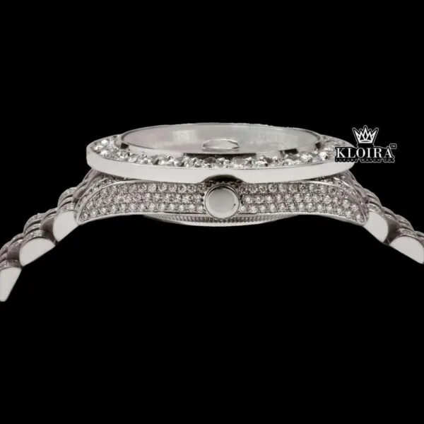 Diamond Bezel Brown Dial Roman Numerals Fully Iced Moissanite Watch Crown View