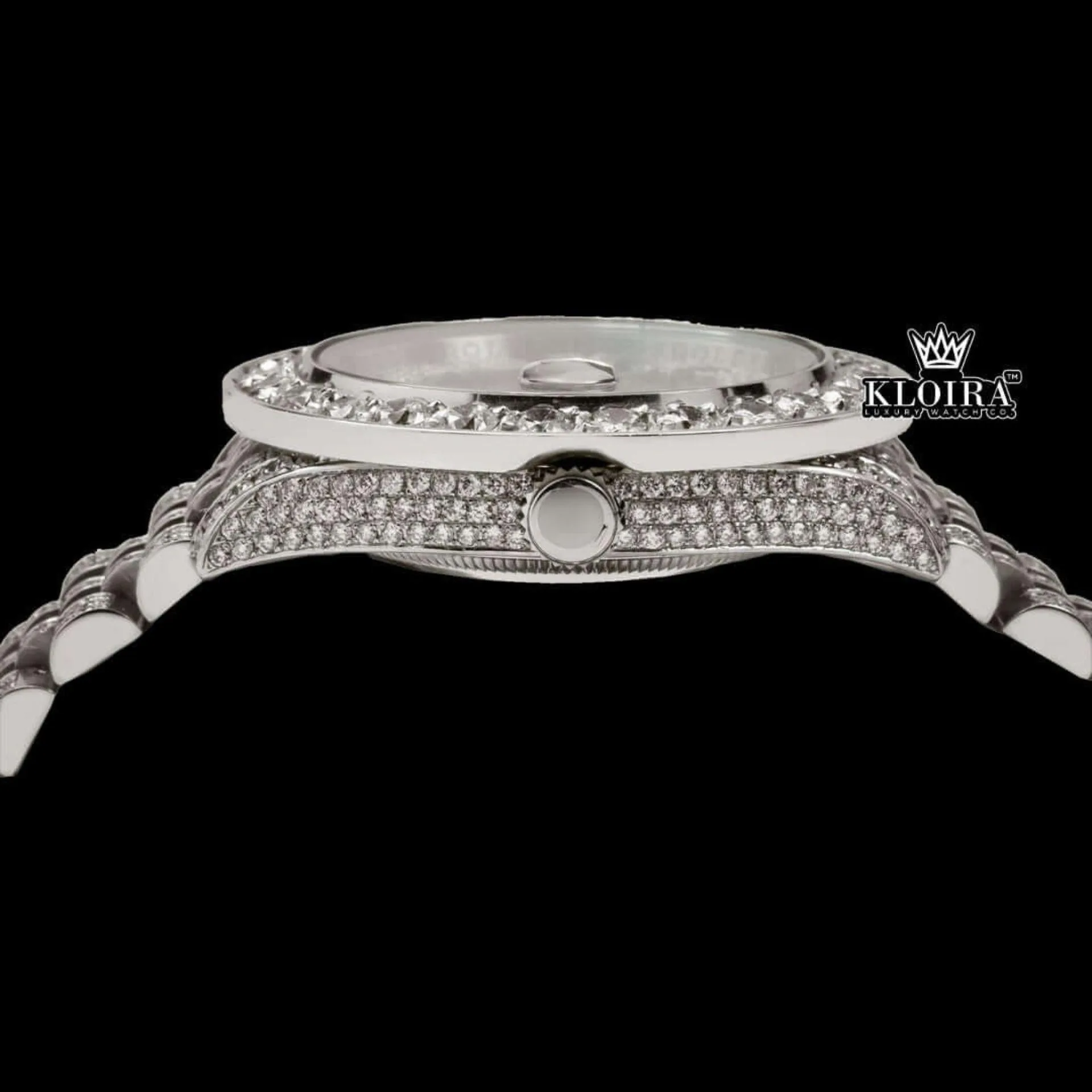Diamond Bezel Brown Dial Roman Numerals Fully Iced Moissanite Watch Crown View