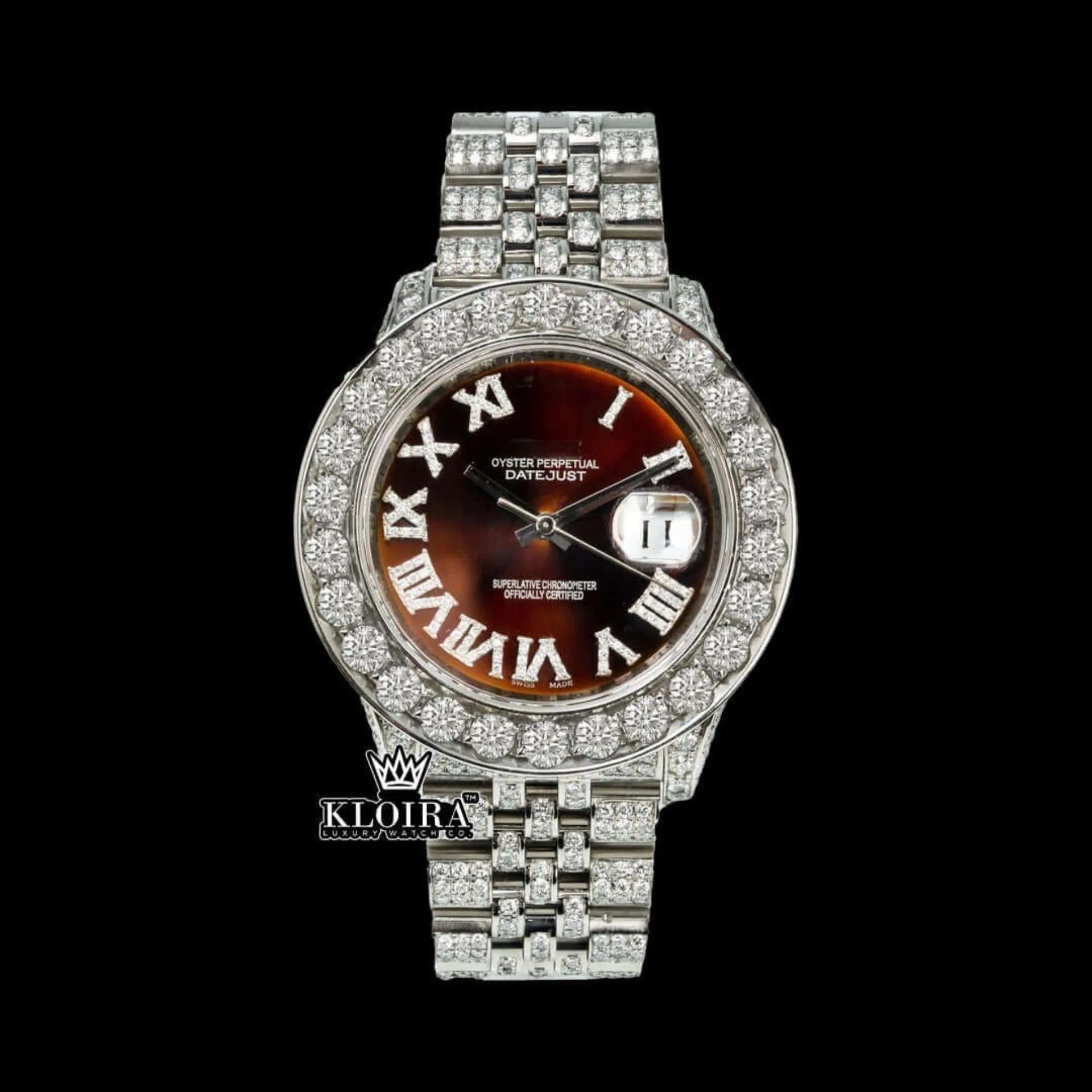 Roles Majesticra Moissanite Watch with Brown Dial and Diamond Bezel Front View