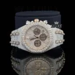 Diamond Bezel Chronograph Dial Two Tone Rose Gold Moissanite Watch Close Up Front View