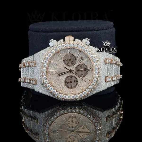 Diamond Bezel Chronograph Dial Two Tone Rose Gold Moissanite Watch Close Up Front View