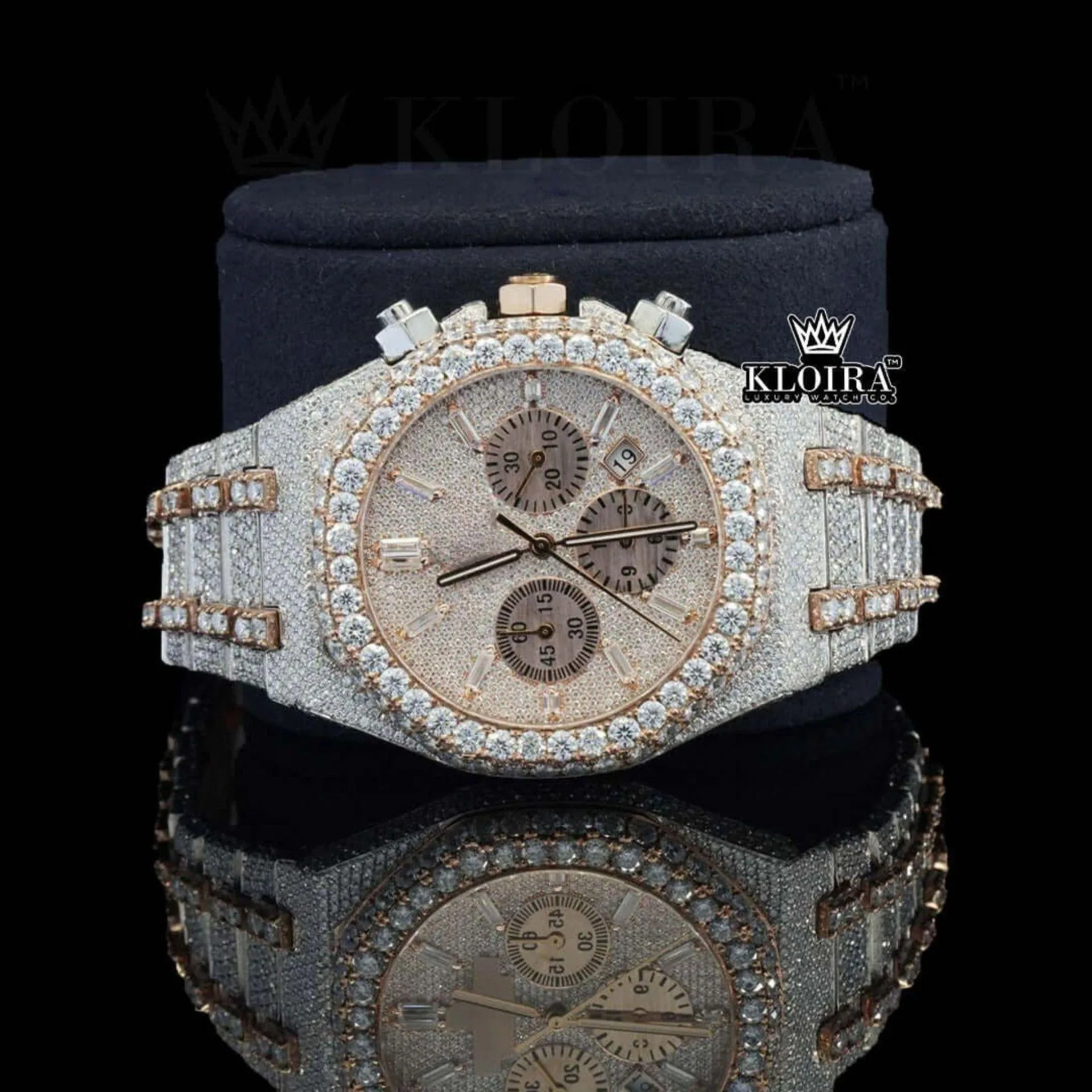 Diamond Bezel Chronograph Dial Two Tone Rose Gold Moissanite Watch Close Up Front View
