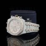 Diamond Bezel Chronograph Dial Two Tone Rose Gold Moissanite Watch Left Profile View