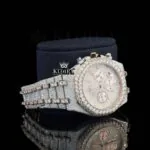 Diamond Bezel Chronograph Dial Two Tone Rose Gold Moissanite Watch Right Profile View