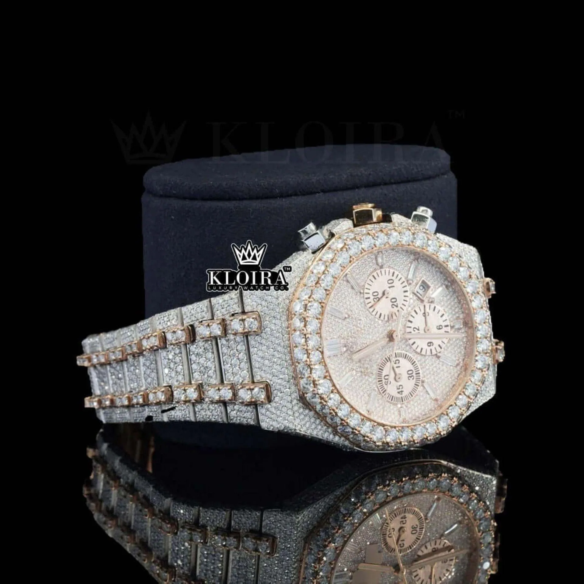 Diamond Bezel Chronograph Dial Two Tone Rose Gold Moissanite Watch Right Profile View