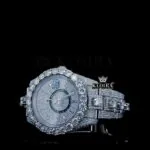 Diamond Bezel Dual Time Stick Markers Dial Fully Iced Out Moissanite Watch Close Up Dial View
