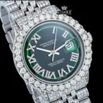 Diamond Bezel Green Roman Dial Full Iced Out Moissanite Watch Close Up Dial View