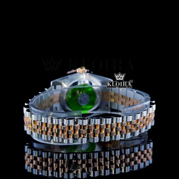Diamond Bezel Pearl White Dial Two Tone Link Strap Moissanite Watch Caseback View