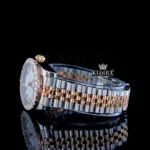 Diamond Bezel Pearl White Dial Two Tone Link Strap Moissanite Watch Left Side View