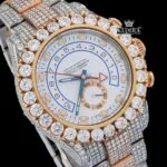 Diamond Bezel White Dial Blue Standard Numerals Two Tone Moissanite Watch Close Up Dial View