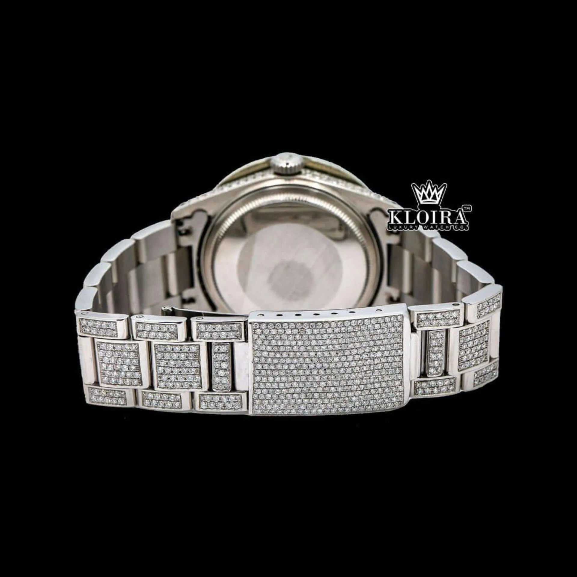 Diamond Bezel White Roman Dial Fully Iced Out Moissanite Watch Caseback View