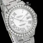 Diamond Bezel White Roman Dial Fully Iced Out Moissanite Watch Close Up Dial View
