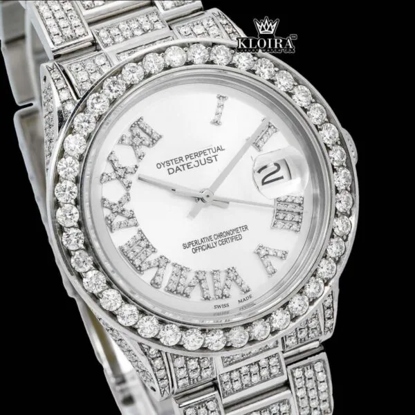 Diamond Bezel White Roman Dial Fully Iced Out Moissanite Watch Close Up Dial View
