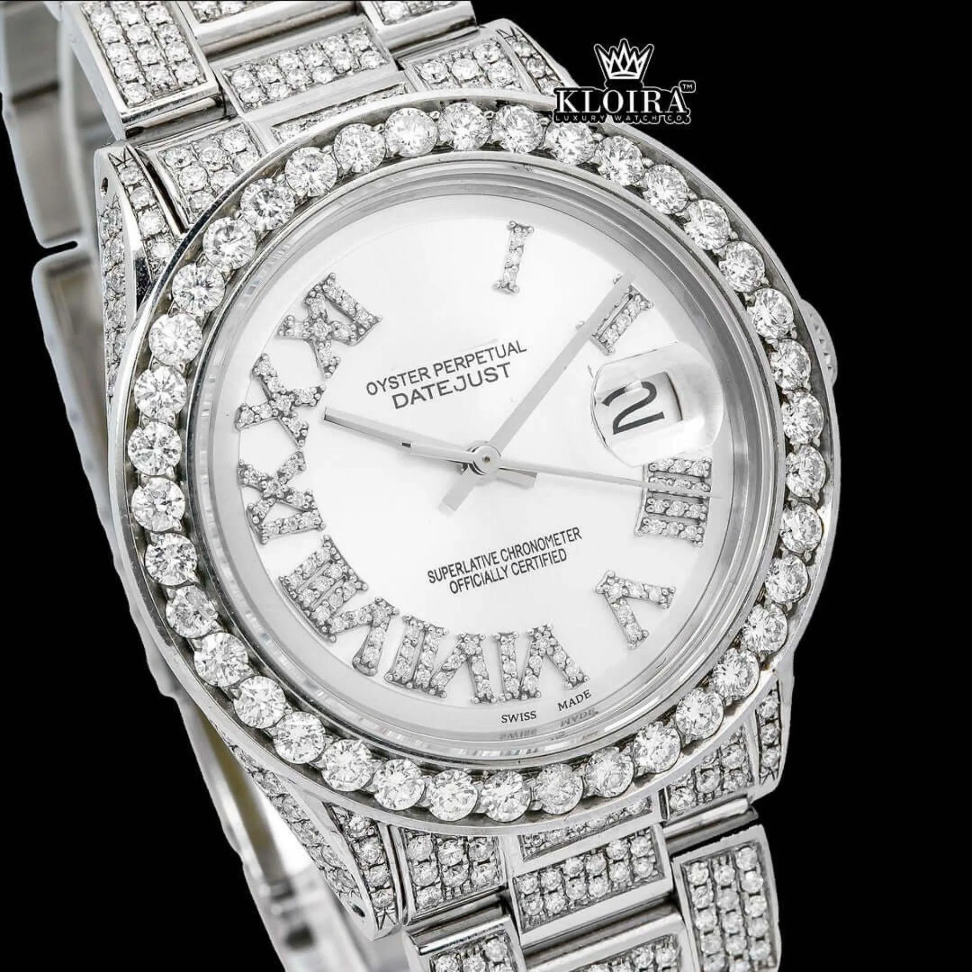 Diamond Bezel White Roman Dial Fully Iced Out Moissanite Watch Close Up Dial View