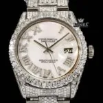 Diamond Bezel White Roman Dial Fully Iced Out Moissanite Watch Close Up Front View