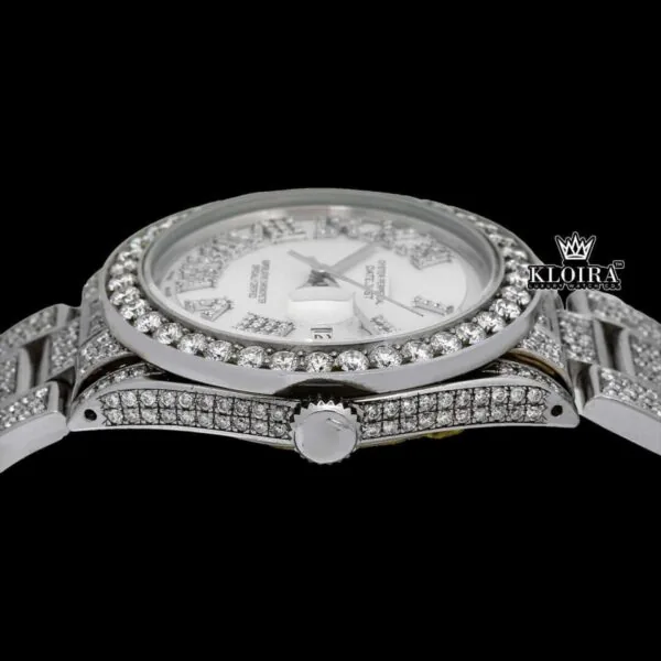 Diamond Bezel White Roman Dial Fully Iced Out Moissanite Watch Crown View