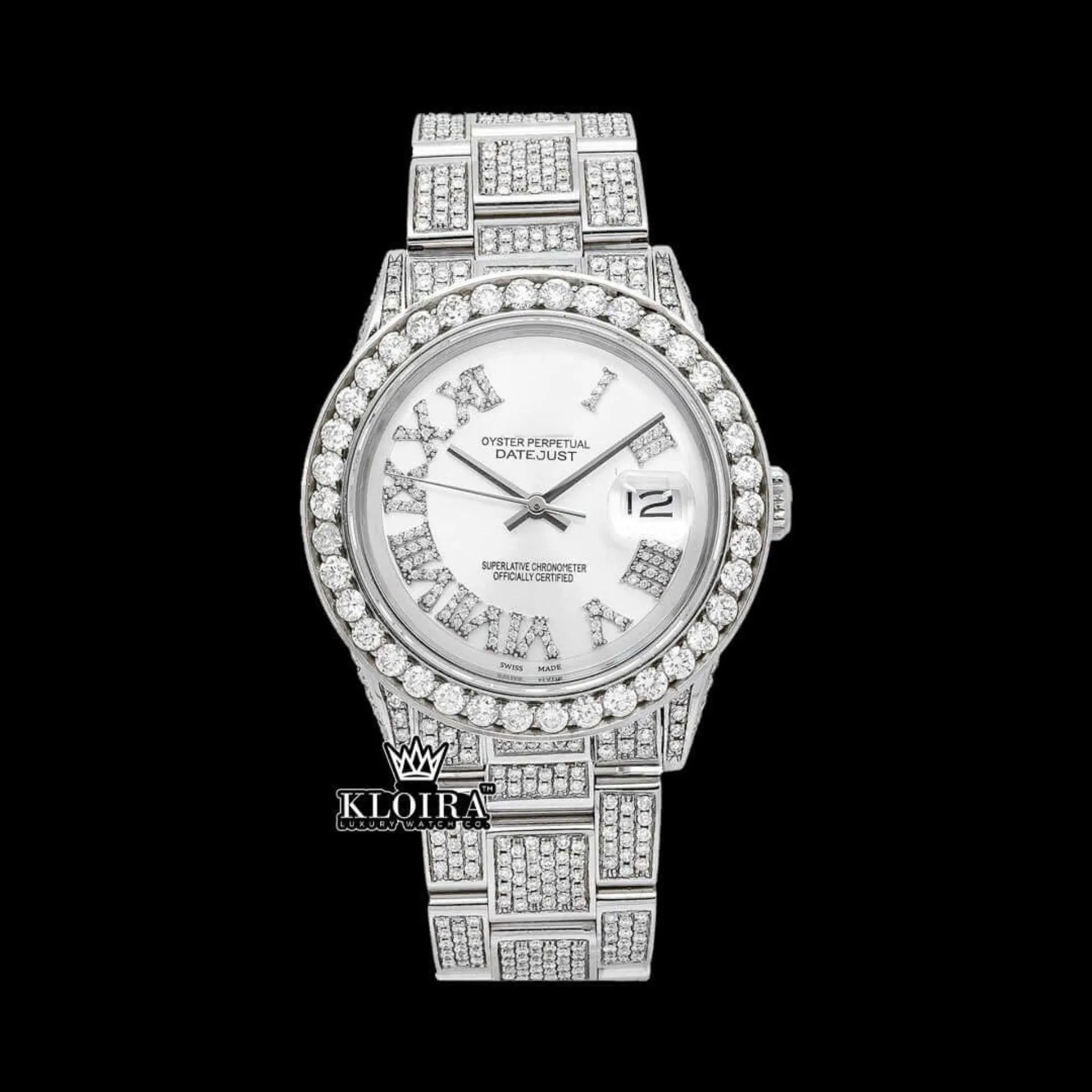 Roles Diamond Bezel White Roman Dial Fully Iced Out Moissanite Watch showcasing detailed design and brilliance
