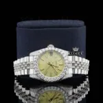 Diamond Bezel Yellow Dial Stick Markers Fully Iced Out Moissanite Watch Close Up Front View