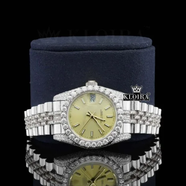Diamond Bezel Yellow Dial Stick Markers Fully Iced Out Moissanite Watch Close Up Front View