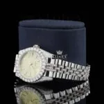 Diamond Bezel Yellow Dial Stick Markers Fully Iced Out Moissanite Watch Laft Profile View