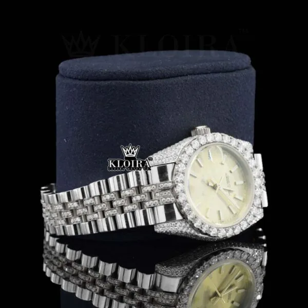 Diamond Bezel Yellow Dial Stick Markers Fully Iced Out Moissanite Watch Right Profile View
