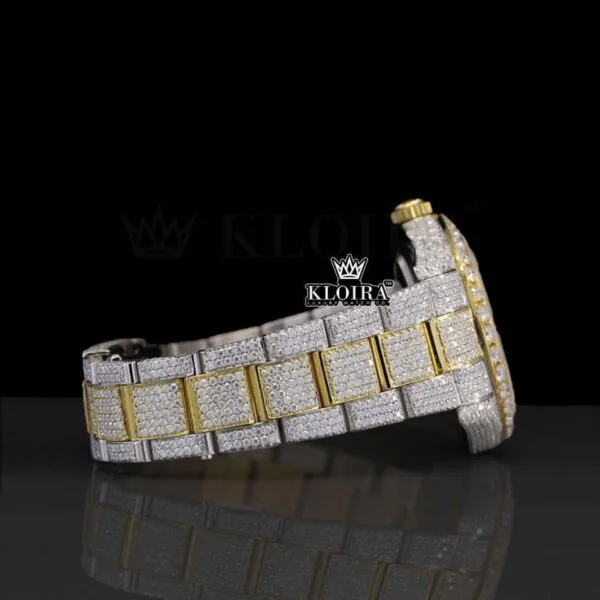 Diamond Bezel Yellow Gold Stick Markers Dial Two Tone Moissanite Watch Right Side View