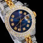 Diamond Marker Blue Dial Two Tone Iced Out Moissanite Diamond Watch Close Up Dial View