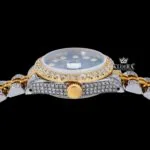 Diamond Marker Blue Dial Two Tone Iced Out Moissanite Diamond Watch Crown View