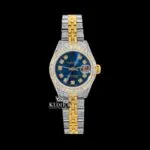 Roles Diamond Marker Blue Dial Two Tone Iced Out Moissanite Watch