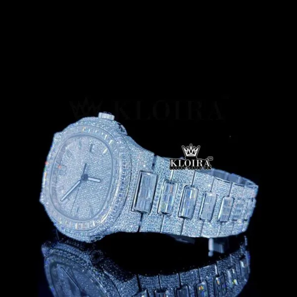 Diamond Markers Baguette Bezel Fully Iced Out Moissanite Watch Left Profile View