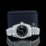 Diamond Markers Black Dial Full Iced Out Moissanite Watch Close Up Front View