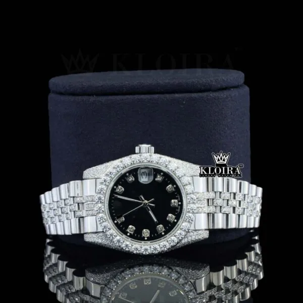 Diamond Markers Black Dial Full Iced Out Moissanite Watch Close Up Front View