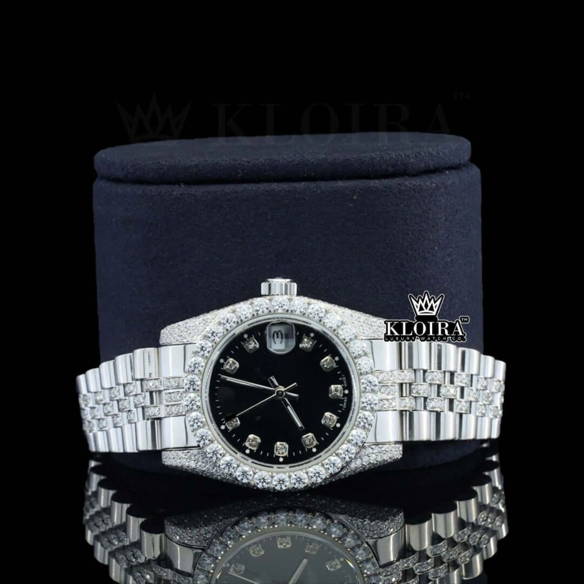Diamond Markers Black Dial Full Iced Out Moissanite Watch Close Up Front View