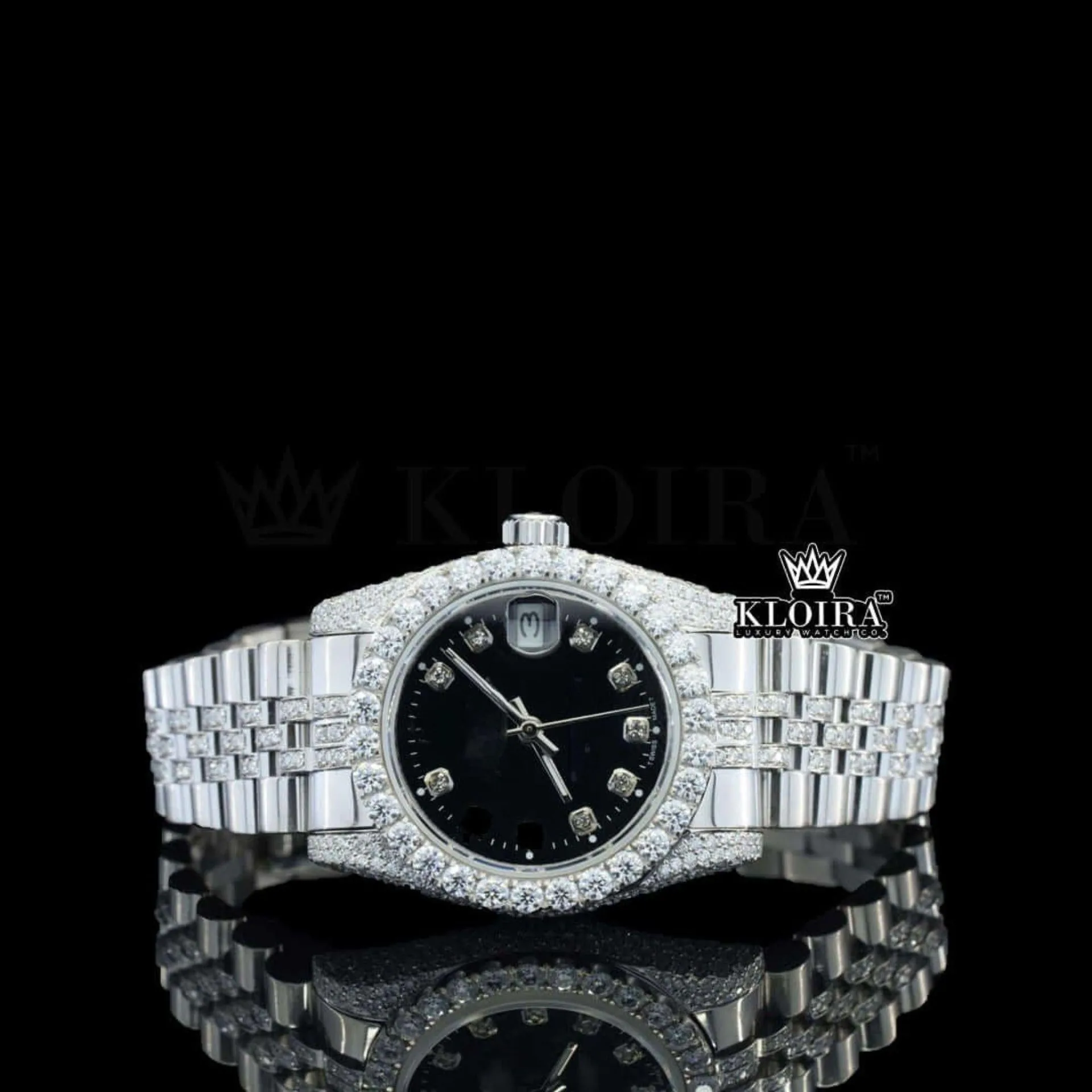 Roles Black Dial Full Iced Out Moissanite Watch with Diamond Markers