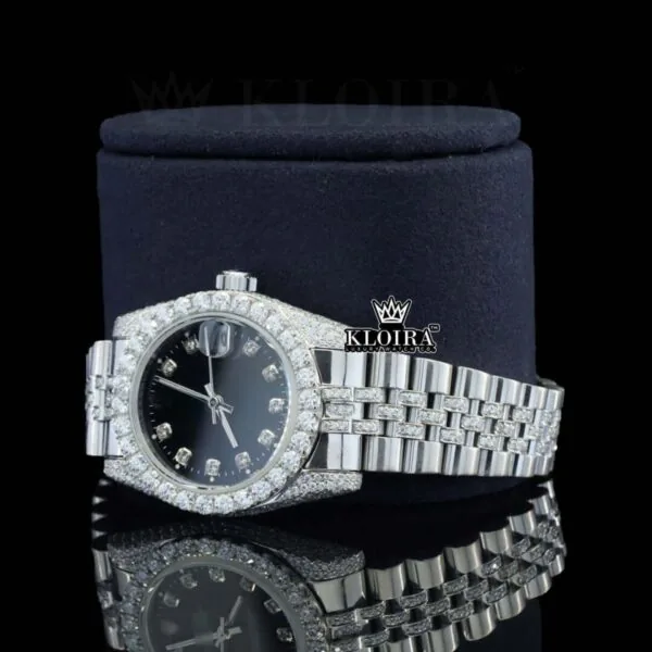 Diamond Markers Black Dial Full Iced Out Moissanite Watch Left Profile View