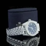 Diamond Markers Black Dial Full Iced Out Moissanite Watch Right Profile View