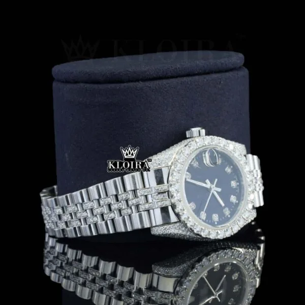 Diamond Markers Black Dial Full Iced Out Moissanite Watch Right Profile View