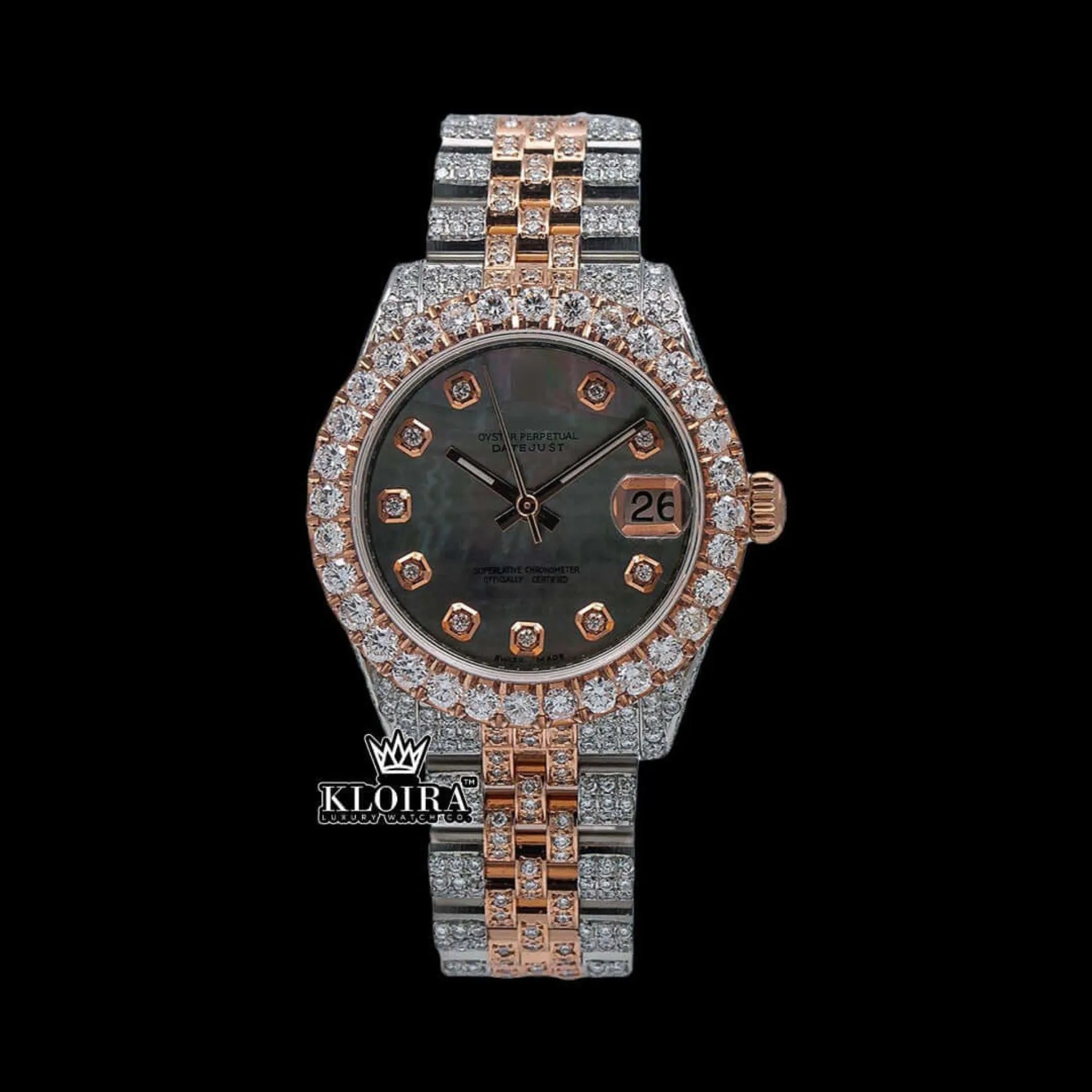 Roles Diamond Markers Black Dial Two Tone Moissanite Watch with diamond accents