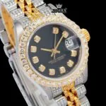 Diamond Markers Black Dial Two Tone Iced Out Moissanite Watch Close Up Dial View