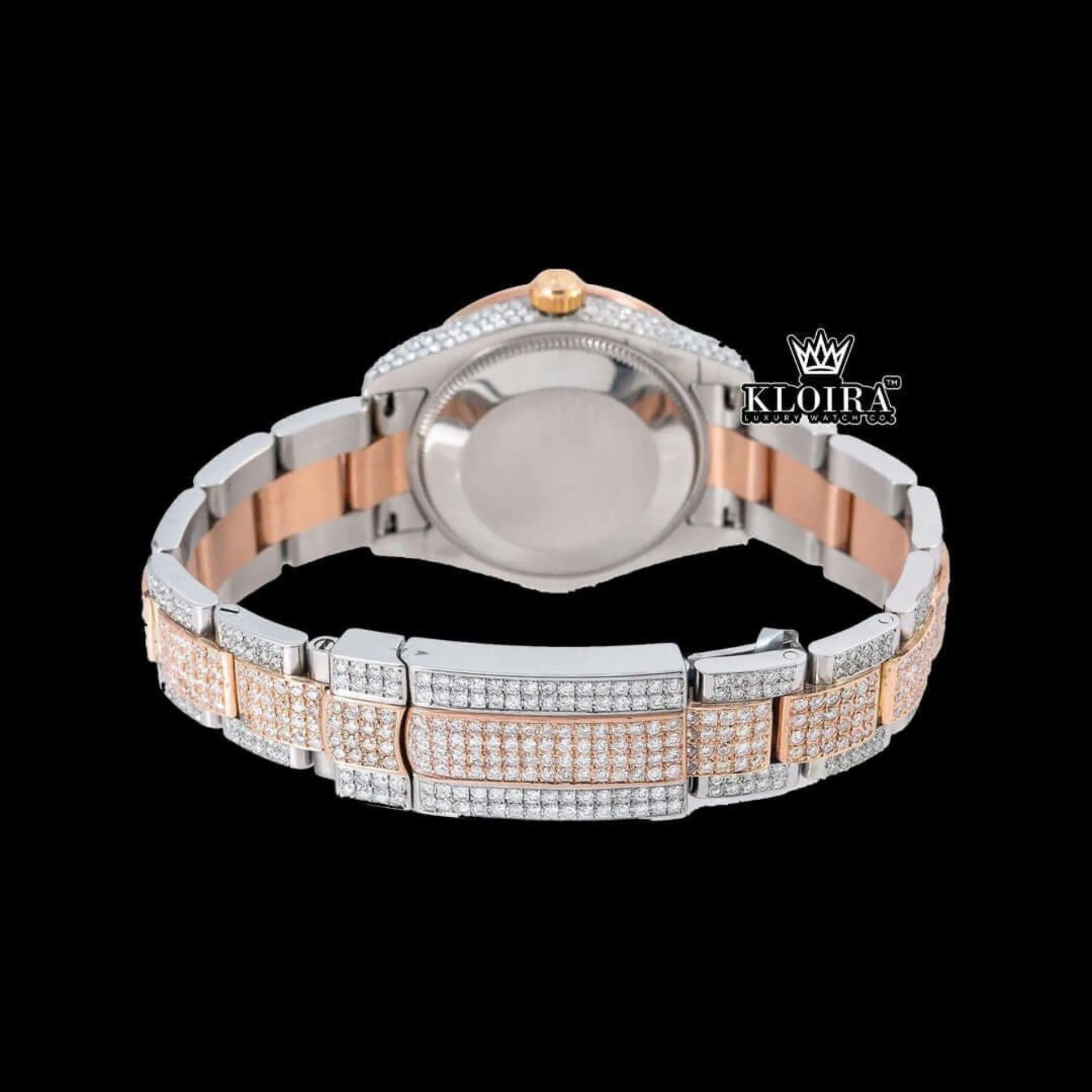 Diamond Markers Brown Dial Two Tone Iced Out Moissanite Watch Caseback View