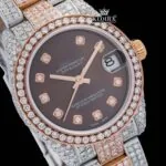 Diamond Markers Brown Dial Two Tone Iced Out Moissanite Watch Close Up Dial View